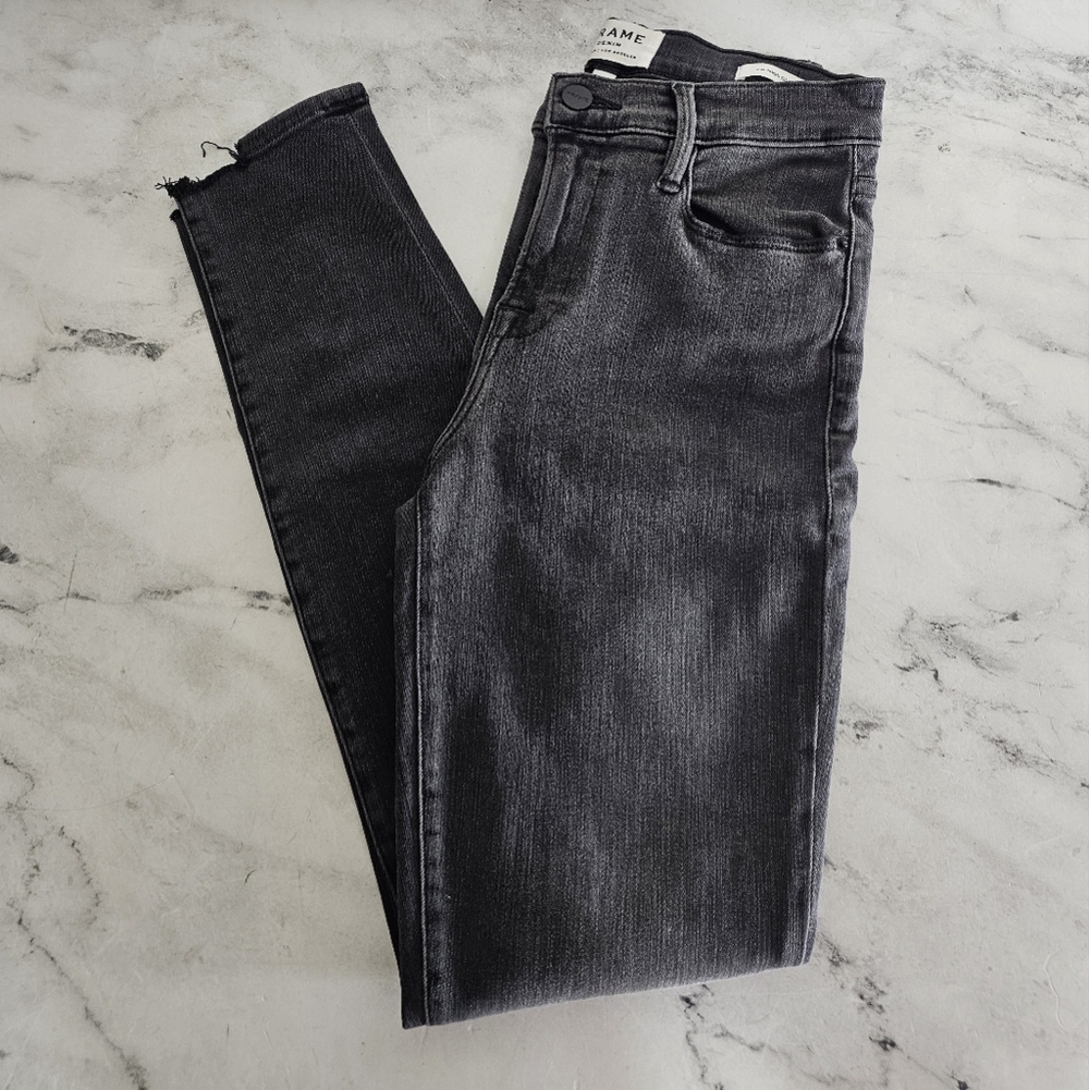 FRAME Denim Le High Skinny Black Gray Distressed Jeans 26 Preowned - Picture 3 of 10